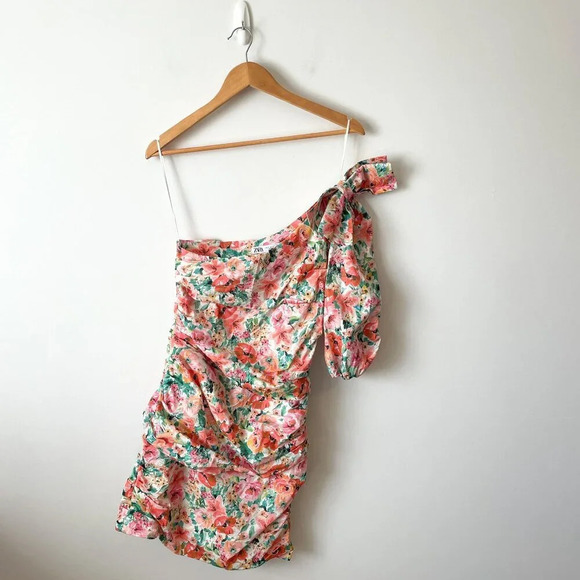 Zara One Shoulder Floral Draped Bodycon Mini Dress Size Small - Picture 8 of 13